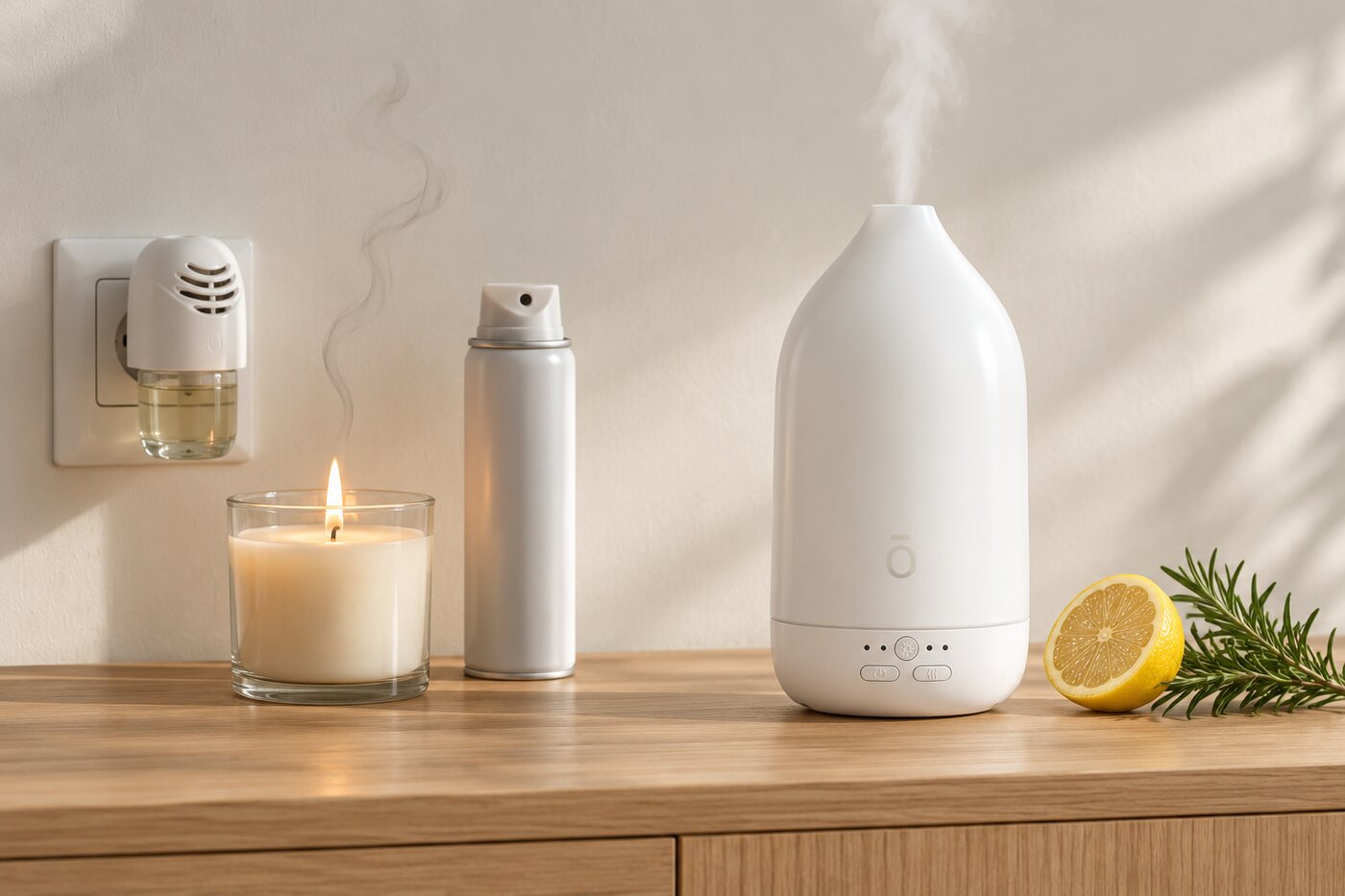 On the left a plug-in, scented candle and spray can, on the right a diffuser with lemon and rosemary
