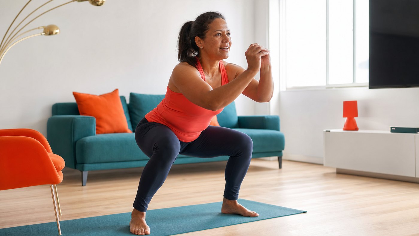 woman doing a squat in her living room