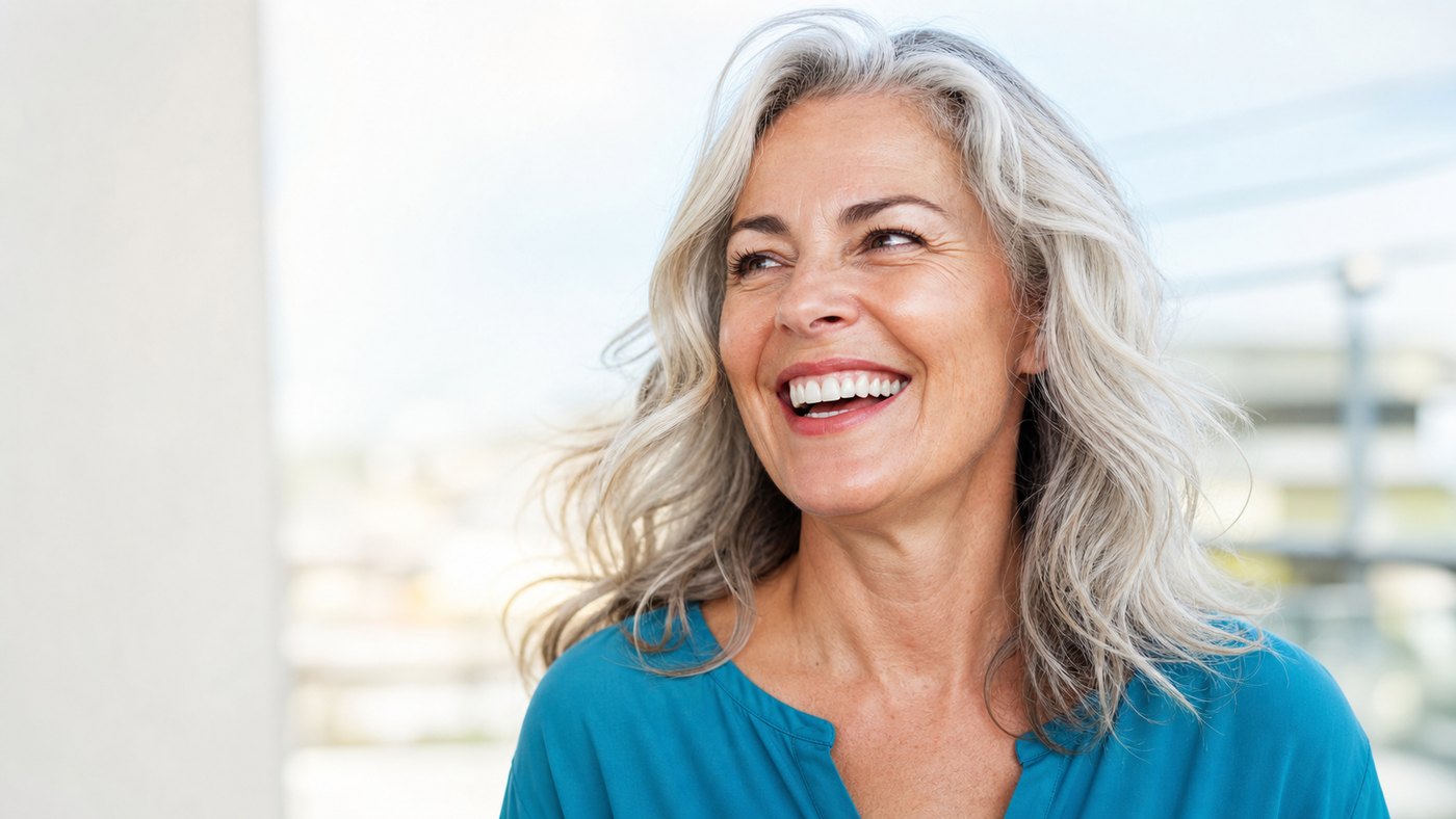 woman in her fifties laughing in daylight