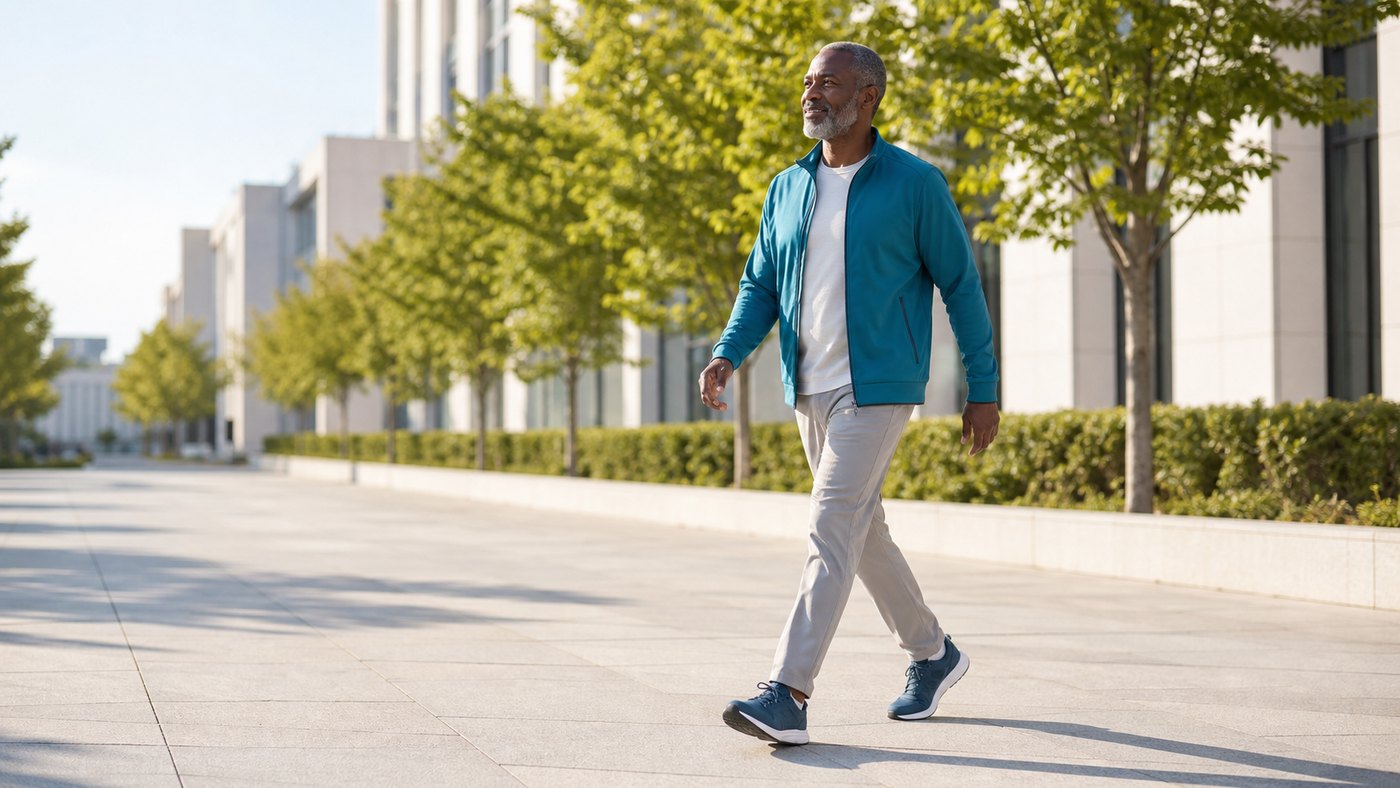 man in his fifties walking in the sunshine