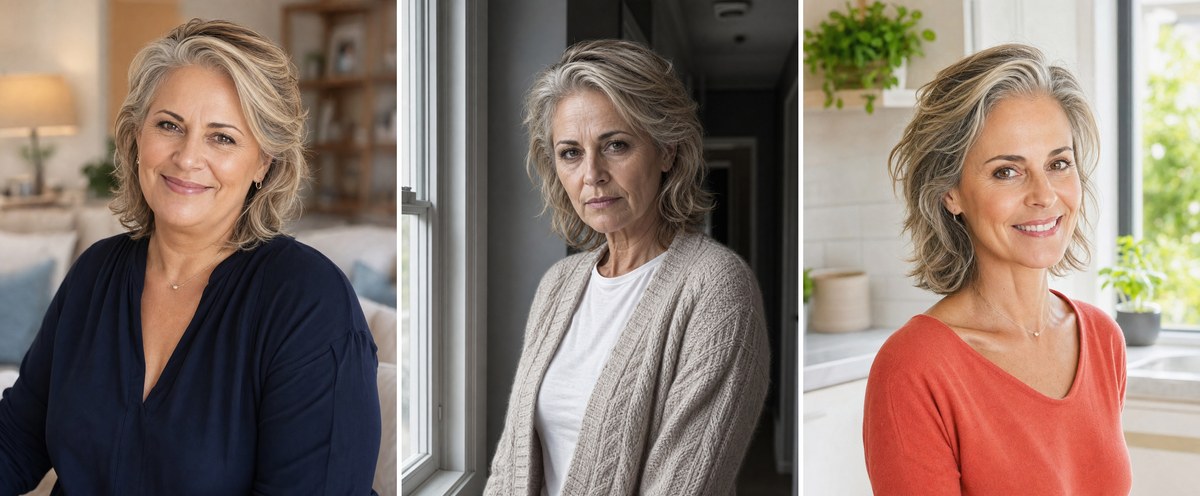One woman at three moments: fuller face, after fast weight loss, after steady weight loss