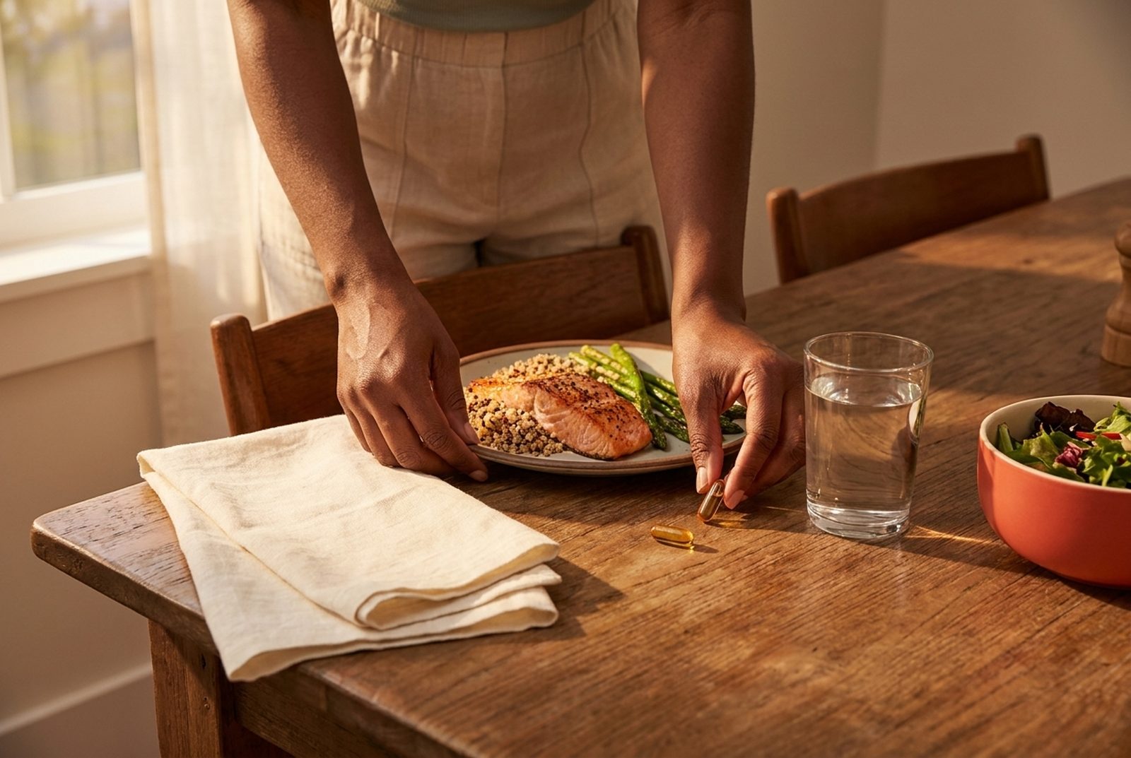 Dinner at the table with a glass of water and a capsule next to the plate.