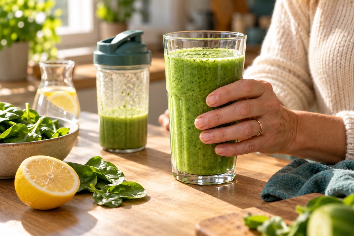A hand reaching for a glass of green morning shake on the kitchen counter, with spinach, lemon and a carafe of water