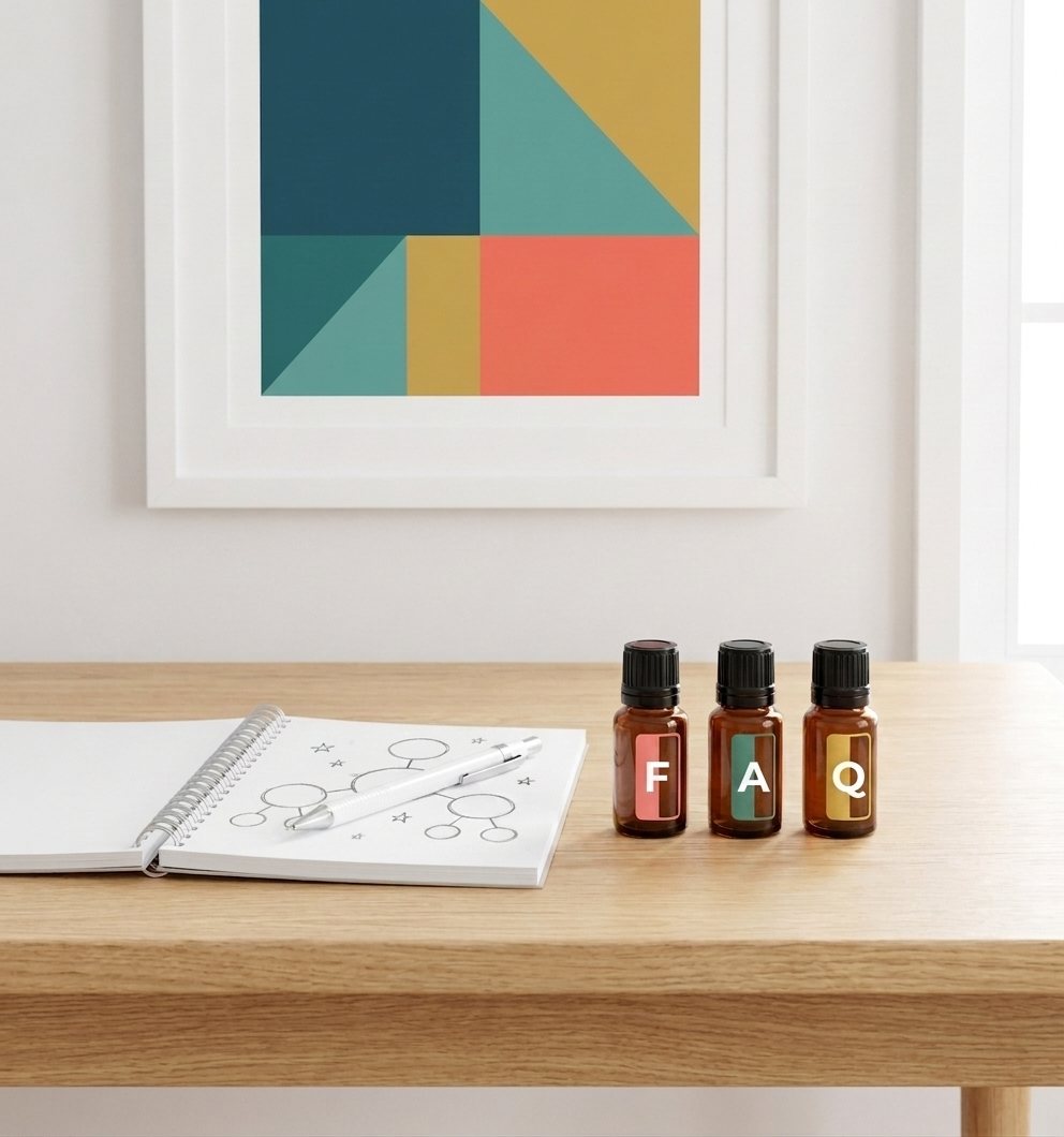 Kitchen table with two cups of tea, a notebook and a few amber oil bottles.