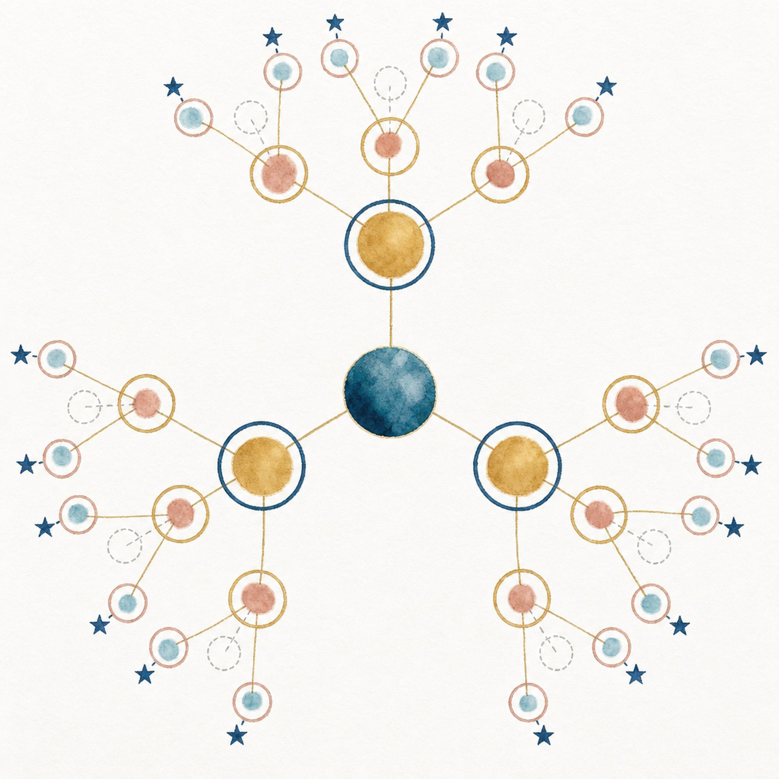 The same focus map, now with dark-blue stars on dotted threads under the turquoise circles: the placement points for your own customers and enrolments. Each leader also has a grey dotted third branch: that one you leave alone.