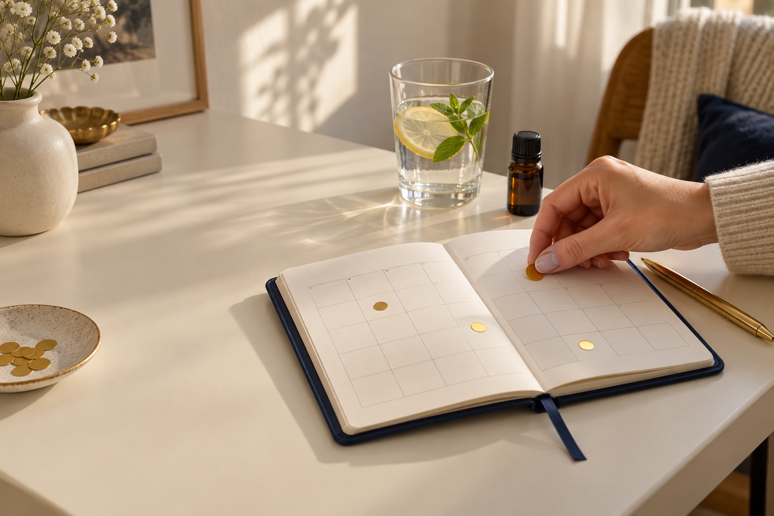 A hand placing a gold sticker on one day in a planner