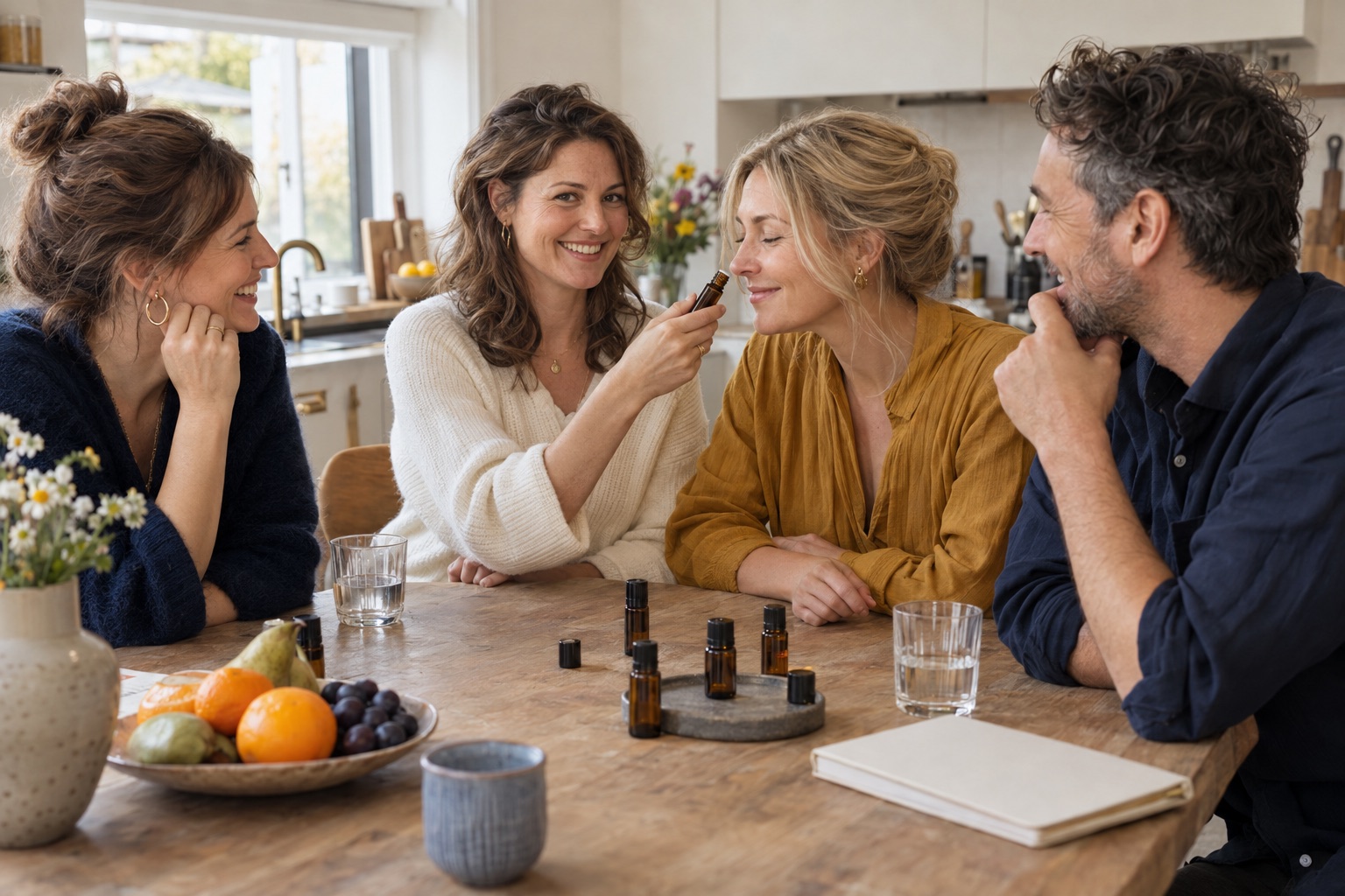 A kitchen-table workshop, someone smelling an oil