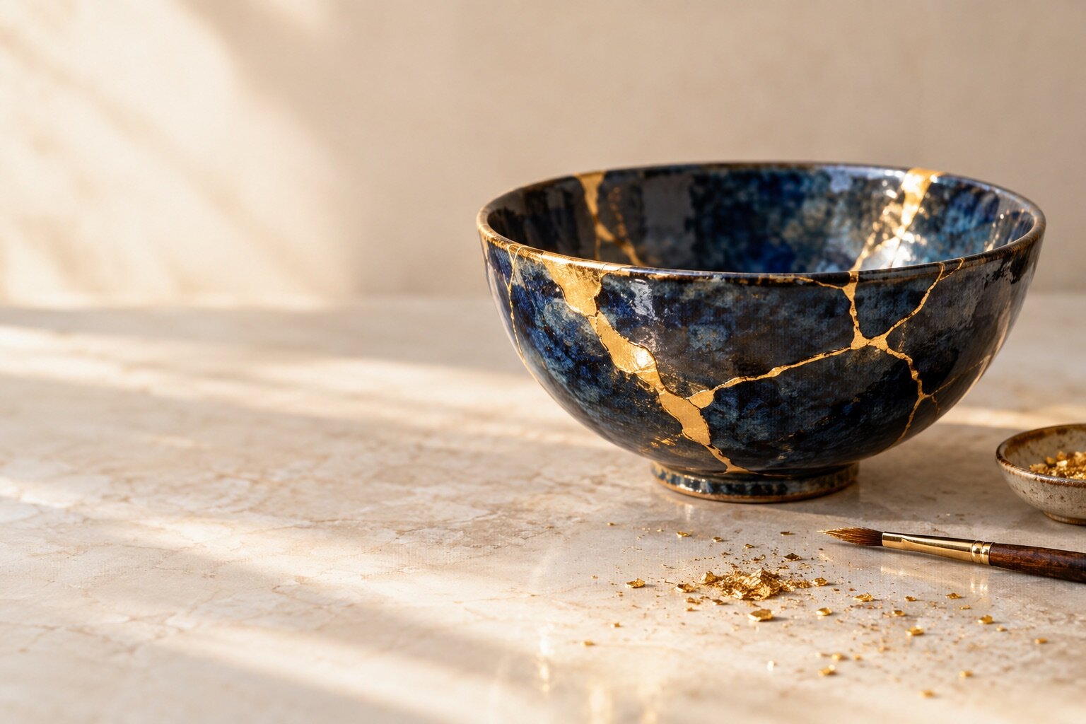 A dark blue bowl mended with seams of gold (kintsugi)