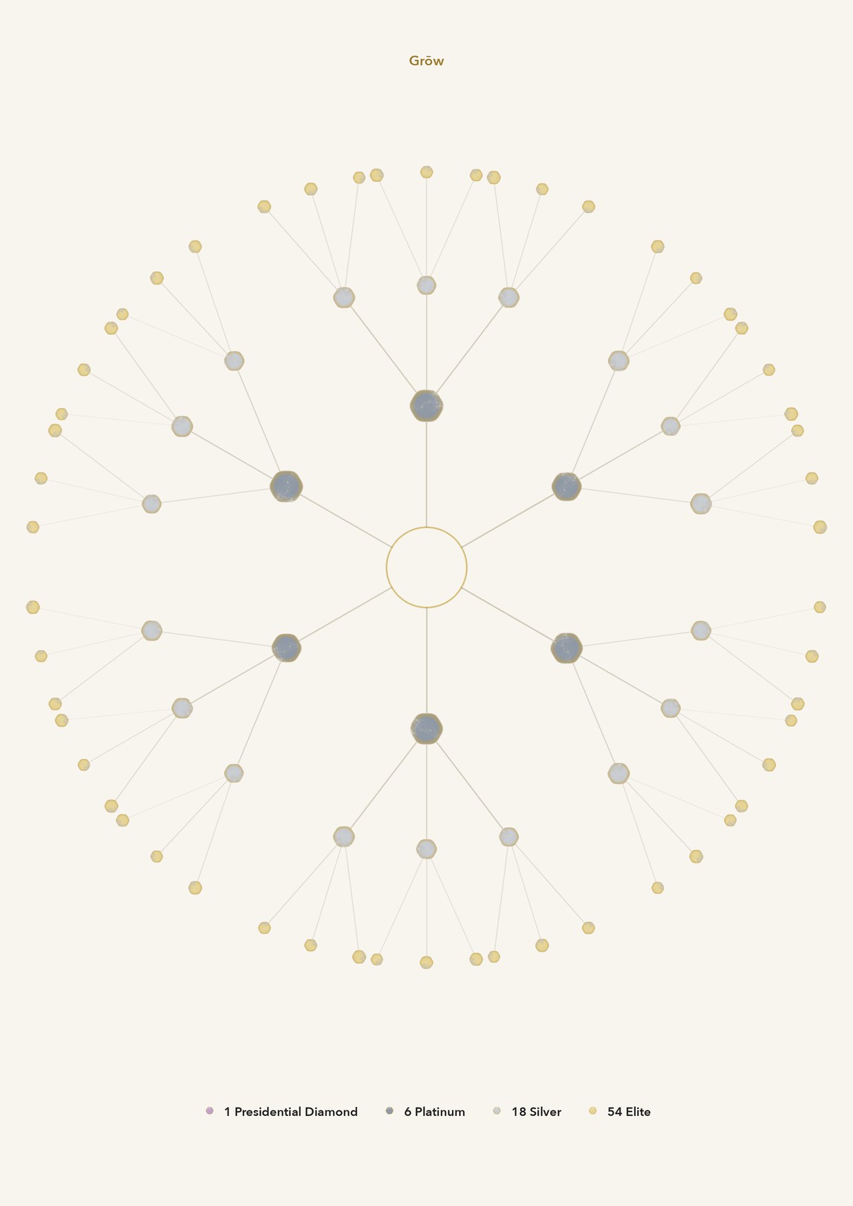 Poster of the complete Presidential Diamond structure as a mandala: you in the middle, six Platinum around you, eighteen Silver and fifty-four Elite. Everything rests on Elite.