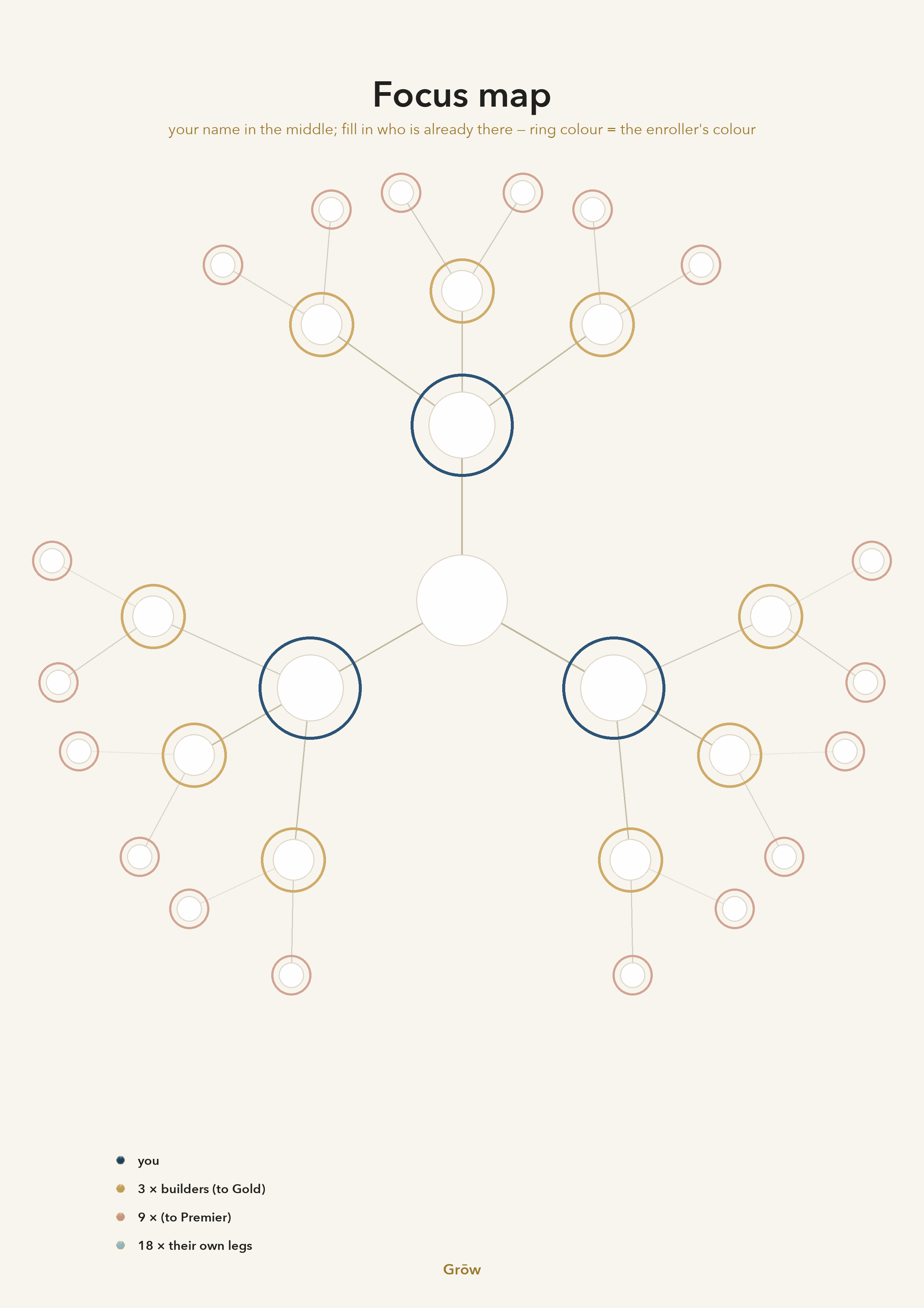 Fill-in worksheet of the focus map: open circles to write the names of your people, with the ring colours of the enrollers.