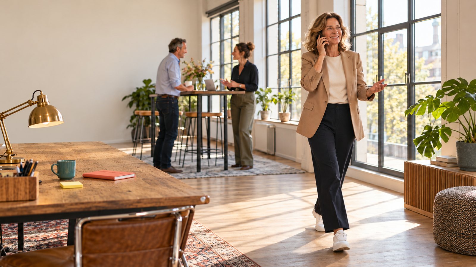 A woman walks past the window of a bright office while on the phone, with two colleagues talking behind her