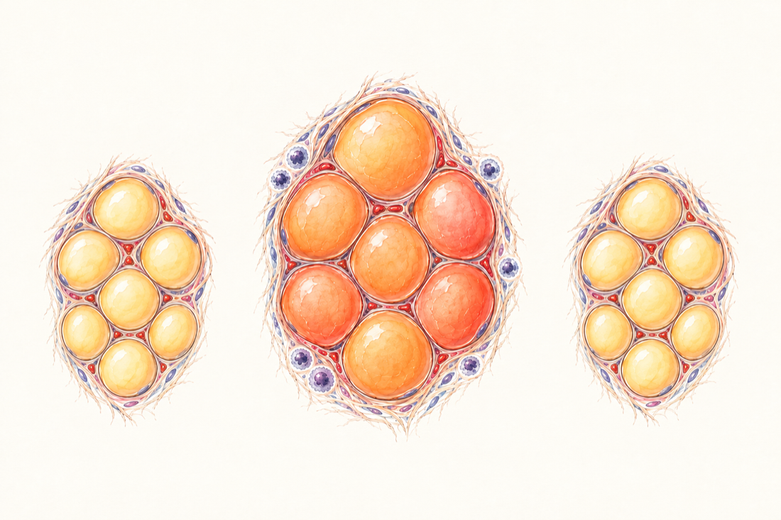 The same seven fat cells: at 25, 20 kilos heavier, and after losing the weight