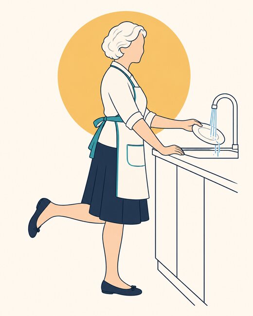 One leg at the sink