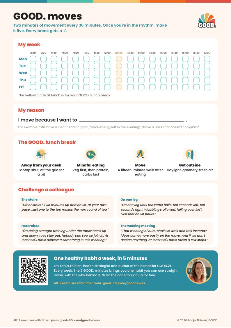 Preview of the tracker: a weekly grid with a box for every half hour, the line I move because I want to, the GOOD. lunch break and four challenges for your colleagues