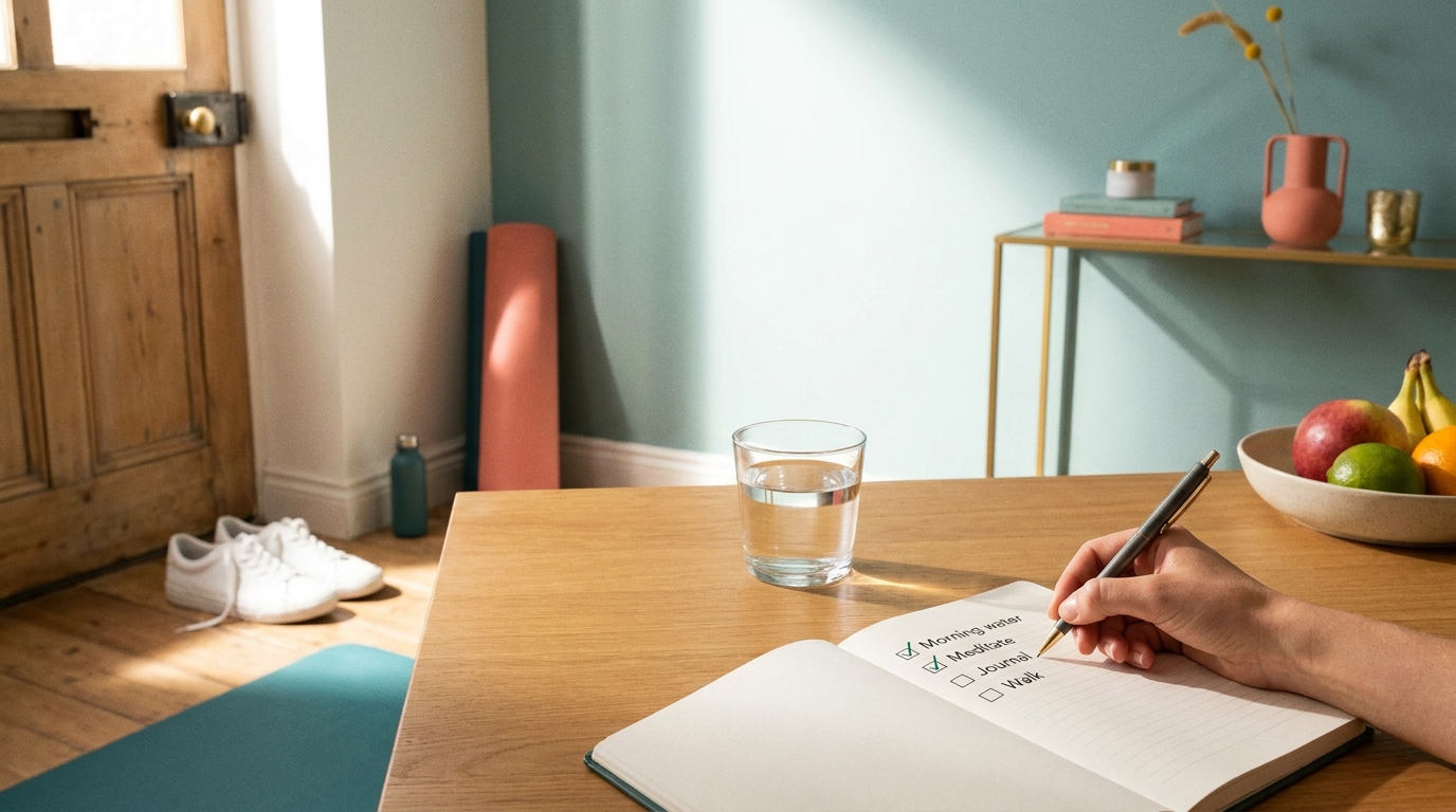 An open notebook on the dining table, with a pen, a glass of water and trainers by the door