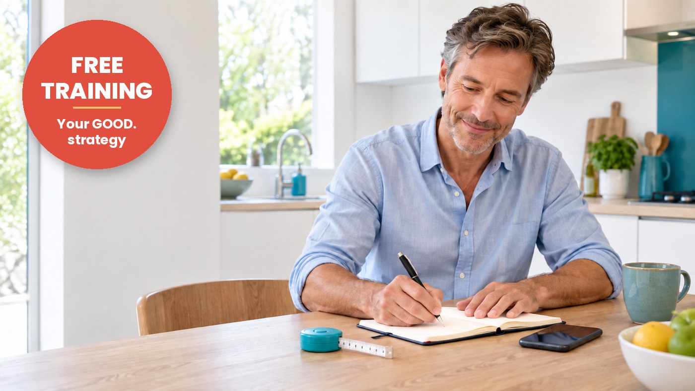 A man at a light kitchen table writing down his goal, with a tape measure and his phone beside him
